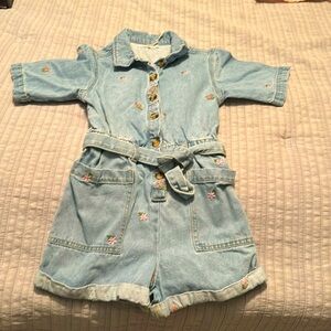 Girls Denim Button Up Flowered Romper